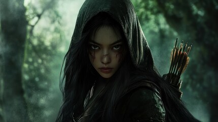 An Asian warrior woman with black hair flowing from beneath her hood through a medieval forest background wallpaper AI generated image