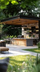 Modern Outdoor Kitchen with Sleek Design and Lush Greenery