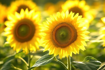 Obraz premium Bright yellow sunflowers bloom, turning towards the sun in a beautiful natural setting under clear skies