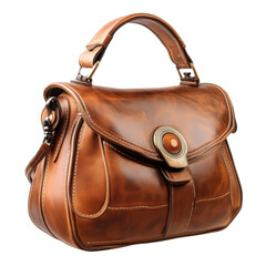 Naklejka premium A stylish brown leather handbag featuring a unique clasp and elegant curves, perfect for everyday use or special occasions.
