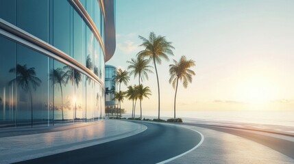 An office building stands near a clean sandy beach. An asphalt road winds along the coastline, background wallpaper AI generated image