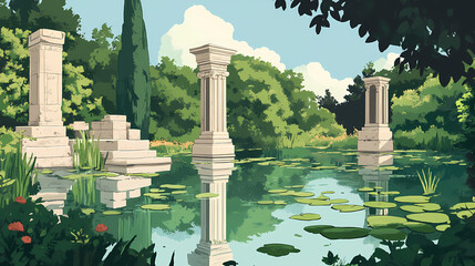 Ancient stone structures, lush greenery, calm water. Cenotaph. Illustration