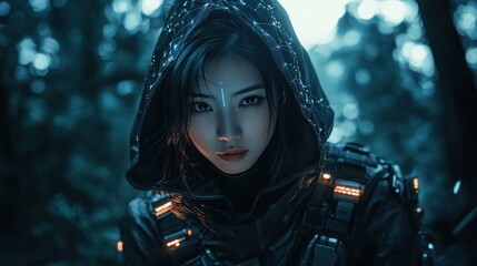 A cyberpunk Asian female warrior with a hood, silently walking through the forest background wallpaper AI generated image