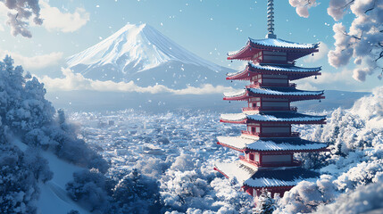 April of japan in the winter chureito red pagoda and mt. fuji in fujiyoshid japan. the chureito pagoda, a five storied pagoda also known as the fujiyoshida cenotaph monument. Cenotaph. Illustration