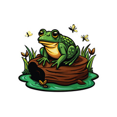 a-vector-of-a-frog-sitting-on-a-log-near-a-misty-p.eps