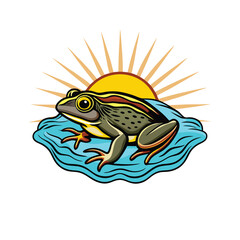 A vector illustration of a frog swimming underwater, with a stylized sun behind it.