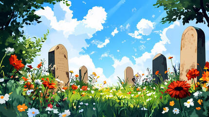 Colorful grave markers surrounded by flowers and greenery under a bright blue sky. Cenotaph. Illustration