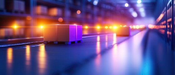A vibrant, futuristic warehouse scene illuminated by colorful lights, featuring small automated carts transporting boxes along a conveyor.