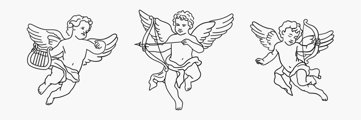 Antique Baby Cupid Set. Vintage cute angels with harp, bow, arrow in doodle sketch style. Hand-drawn line art clipart of cherub Greek statue for wedding invitations, menus, posters.