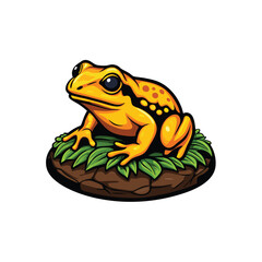 A vector illustration of a golden poison frog resting on a mossy rock, with a vibrant yellow body and black spots.