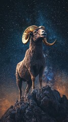 Majestic ram standing on a mountain peak under a starry night sky.