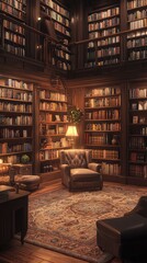 Cozy and Elegant Library Interior with Bookshelves and Armchairs