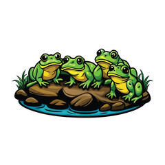 Create a vector illustration of four frogs sunbathing on rocks by a pond.