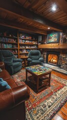 Cozy Living Room with Fireplace and Bookshelf in Rustic Style