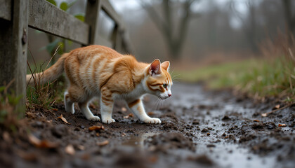 Curious orange tabby cat exploring a muddy path on a misty March day