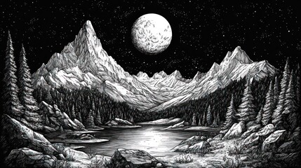 Serene Night Scene Mountain Lake Under Full Moon