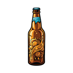 An empty beer bottle with a twisted cap and stylized liquid.