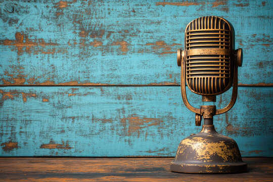 Vintage microphone on a wooden background, celebrating World Radio Day with retro vibes and timeless charm