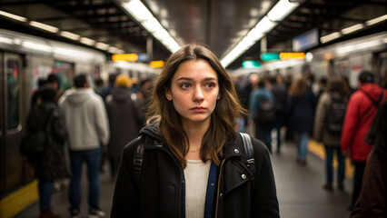 Contemplative solitude of a young woman in a crowded subway station urban environment portrait style