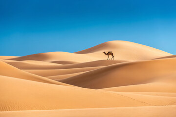 Solitude of a solitary camel walking across the serene desert dunes minimalist photography tranquil landscape
