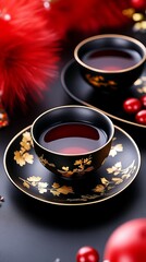 Fototapeta premium Two elegant teacups with gold detailing sit on black saucers, surrounded by rich red accents. A scene of sophisticated serenity.