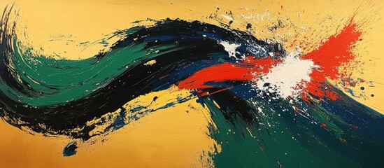 Abstract gold canvas painting with dynamic green, black, red, and white brushstrokes.