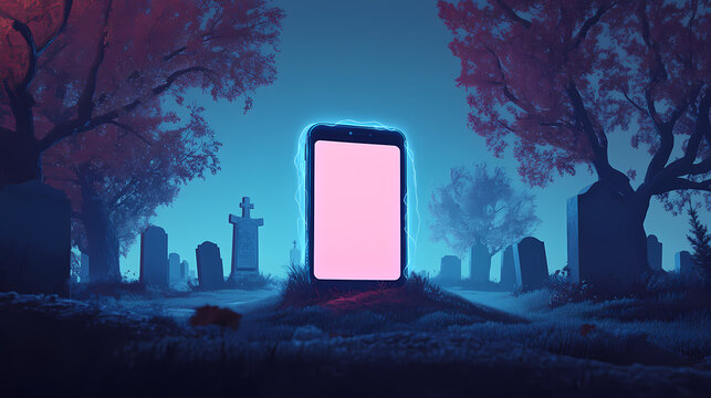 A lugubrious cemetery holds a connected smartphone-shaped tombstone, perfect for visual presentations or any other graphic uses. generative ai. Cenotaph. Illustration