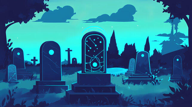 A lugubrious cemetery holds a connected smartphone-shaped tombstone, perfect for visual presentations or any other graphic uses. generative ai. Cenotaph. Illustration