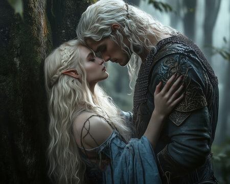 Young couple of elves in love standing together in a magical forest. Fairy tale of love, relationship, romance.

