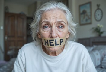 Elderly woman with 'HELP' tape on mouth, highlighting elder abuse and silent suffering in a domestic setting.