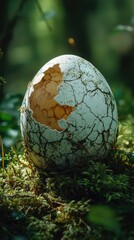 Cracked Eggshell Nestled in Forest Greenery Under Soft Light
