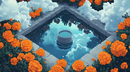 A water-filled urn reflecting the sky surrounded by marigolds and jasmine. Cenotaph. Illustration