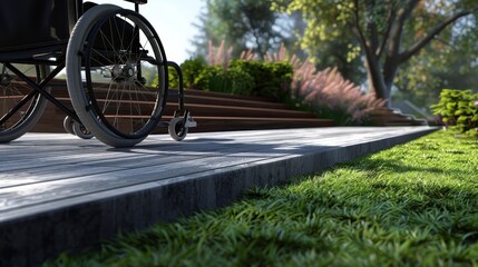 A wheelchair user navigates from green grass to an accessible wooden deck under a clear sky