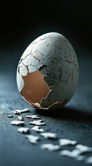 Cracked Egg Shell on Dark Surface with Texture and Light Reflection