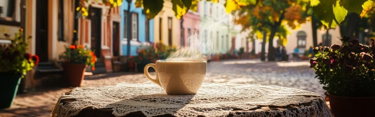 A warm cup of coffee emits steam while placed on a lace tablecloth. Colorful buildings line the charming cobblestone street, showcasing autumn foliage