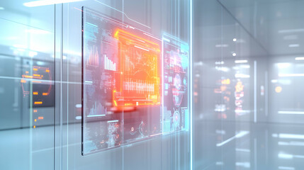 A glowing augmented reality interface displayed on a transparent glass panel in a clean, brightly lit room, showcasing vibrant data overlays