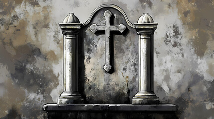 A weathered marble tombstone with a cross, two pillars, and an empty inscription. Cenotaph. Illustration