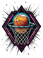 A basketball hoop with neon glow and a ball going through the net.