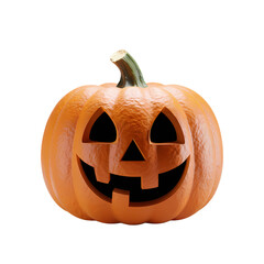 A 3D render of a cartoon-style Halloween pumpkin. The pumpkin has a smiling face with two eyes and a mouth. The pumpkin is placed on a transparent background.