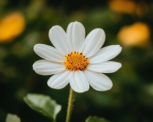 Obraz premium Close-up of a single white daisy with yellow center, blurred green background.