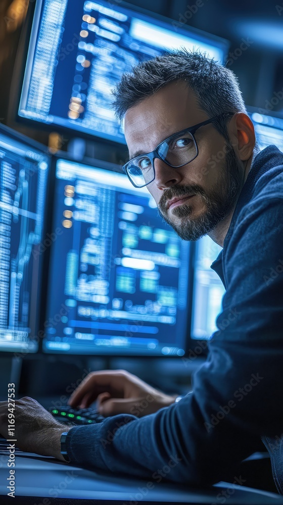 Poster focused male programmer analyzing data on multiple computer screens
