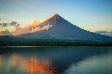 Breathtaking Landscape of Majestic Mount Mayon with Serene Reflection at Sunset