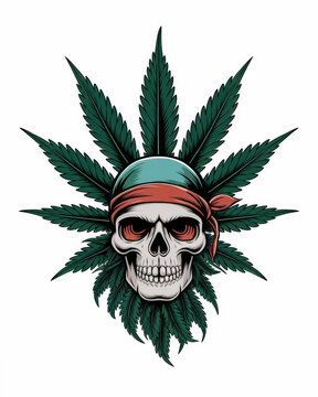 Retro skull emblem with green cannabis leaves and striped knit cap in bold tattoo inspired linework creating an edgy counterculture graphic for apparel posters stickers and themed design