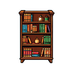 Illustration of a classic wooden bookshelf filled with neatly arranged books.