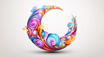 Fototapeta premium A vibrant crescent moon formed by swirling colorful abstract shapes. Ideal for festive designs, logos, or backgrounds representing celebration, creativity, and imagination.