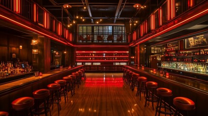 Retro-style bowling alley with neon lights and wood-panel accents, capturing nostalgic charm and vibrant energy for leisure visuals.