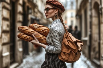 Young caucasian female carrying baguettes in a narrow european street