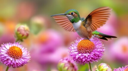 A vibrant hummingbird with orange wings hovers over a pink flower. Ideal for nature lovers, wildlife enthusiasts, or anyone seeking a touch of beauty.