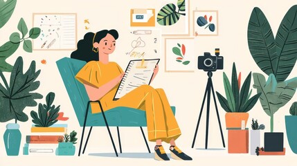 Fototapeta premium A woman sketches ideas in a vibrant, plant-filled workspace.