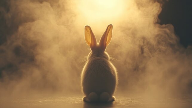Dramatic silhouette of a rabbit or bunny figure emerging from dense swirling smoke or mist creating a mystical otherworldly atmosphere